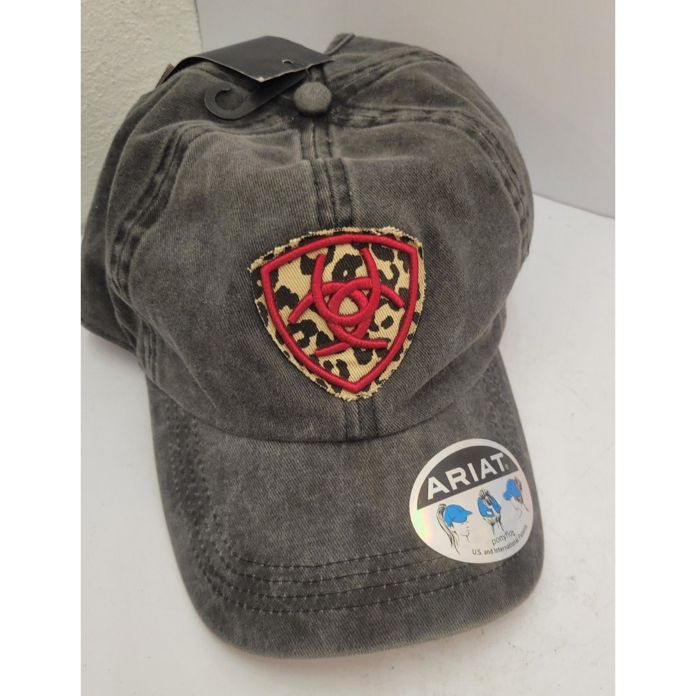 Ariat by Ponyflo Womens Hat Gray Leopard Shield Logo Ponytail Cap NWT